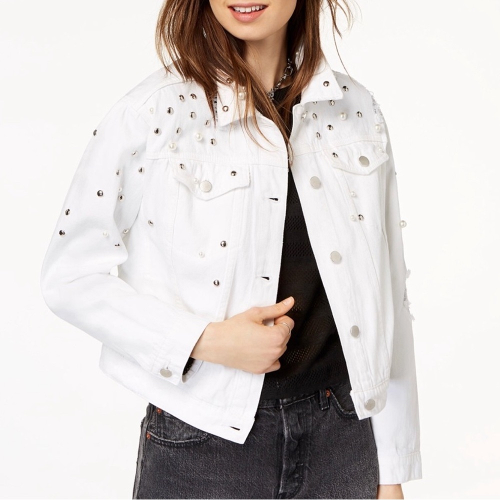 TINSELTOWN DENIM JEAN JACKET White Embellished Ripped Wear Size Large